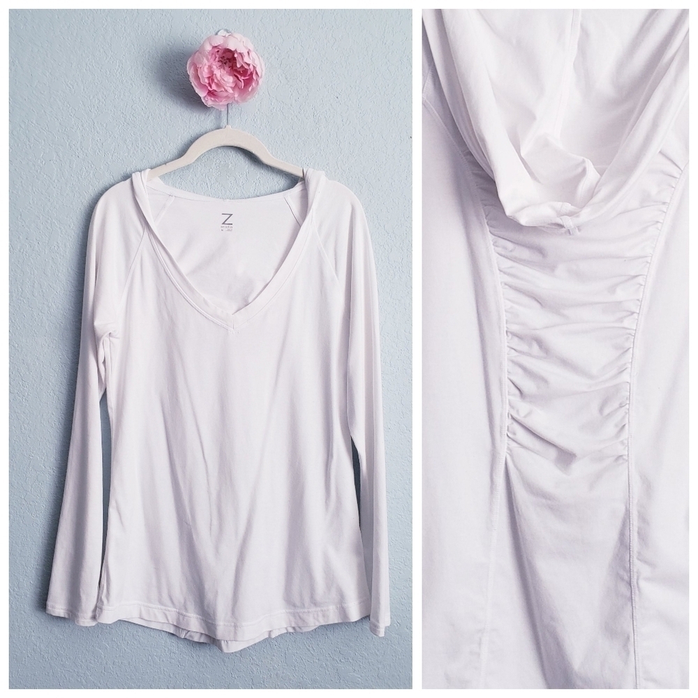 Zella White Long Sleeve Ruched Back Light Weight Workout Hoodie